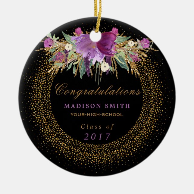Graduation Watercolor Glitter Flower Gold Confetti Ceramic Ornament (Front)