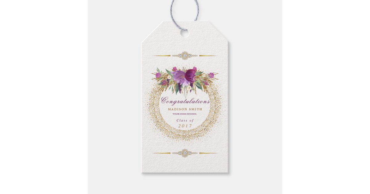 Graduation Watercolor Glitter Flower Gold Confetti Gift Tags ...