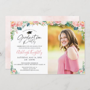 Graduation Watercolor Pink Floral Script Invitatio Invitation