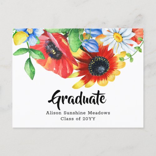 Graduation Watercolor Wildflowers Floral Announcement Postcard