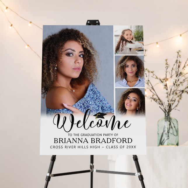 Graduation Welcome 4 Photo Script Black White Foam Board (In Situ (Stand))