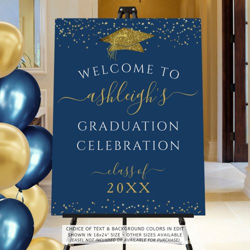 Graduation Welcome Blue Gold Faux Glitter Script Foam Board