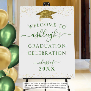 Graduation Welcome Green Gold Faux Glitter Cap Foam Board