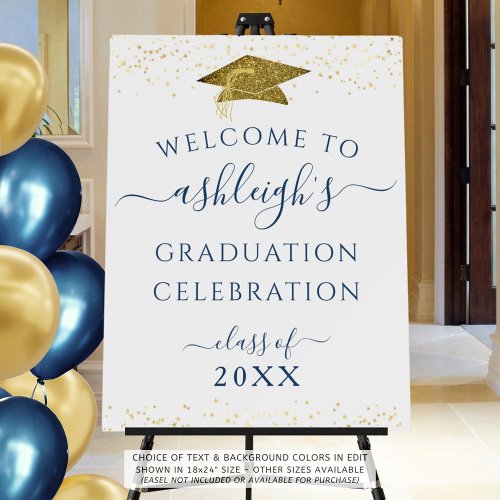 Graduation Welcome Sign Blue Gold Faux Glitter Cap