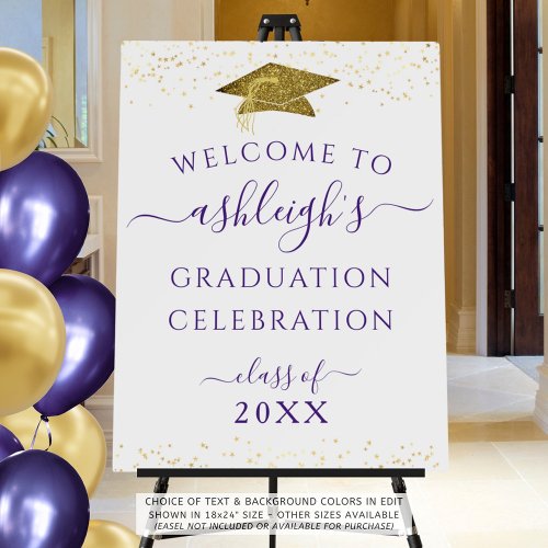 Graduation Welcome Sign Purple Gold Faux Glitter