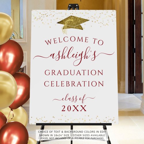 Graduation Welcome Sign Red Gold Faux Glitter Cap
