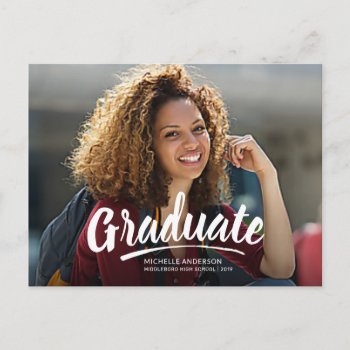 Graduation White Brush Script 2-sided Party Invitation Postcard by SquirrelHugger at Zazzle