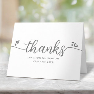 Graduation White Chic Modern Gray Script Hearts Letterpress Thank You Card