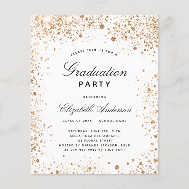 Graduation white gold glitter budget invitation flyer (Front)