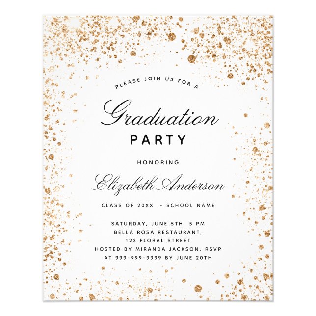 Graduation white gold glitter budget invitation flyer (Front)