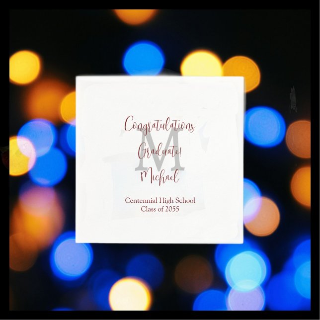 Graduation White Gray Burgundy Name Monogram  Napkins (Creator Uploaded)