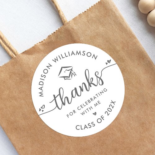 Graduation White Gray Modern Thank You Script Cap Classic Round Sticker