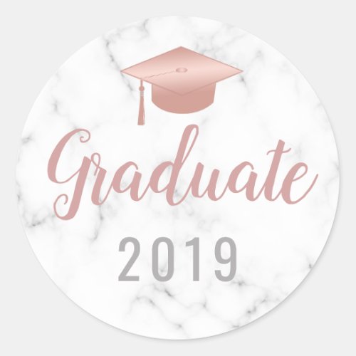 Graduation White Marble Rose Gold Grad Cap Classic Round Sticker