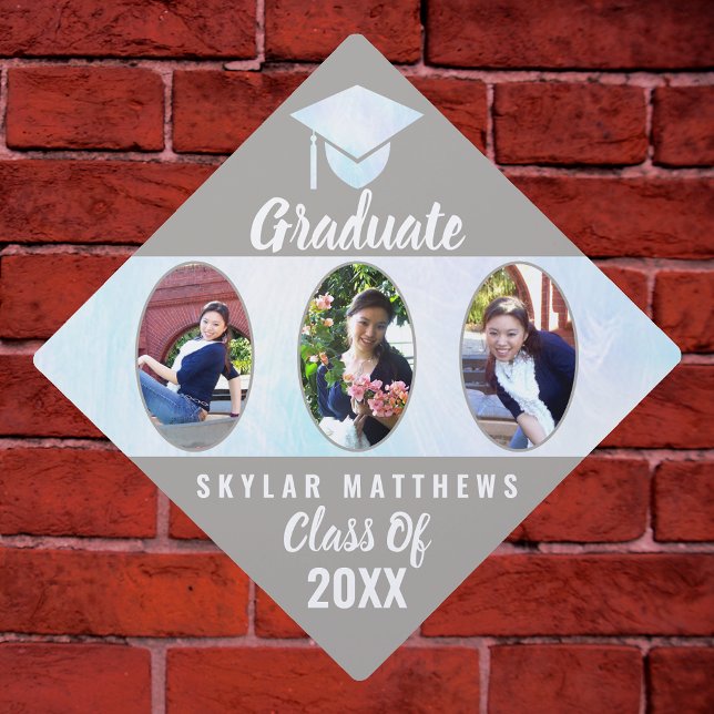 Graduation White Opal Girly Oval 3 Photo Collage Graduation Cap Topper (Creator Uploaded)