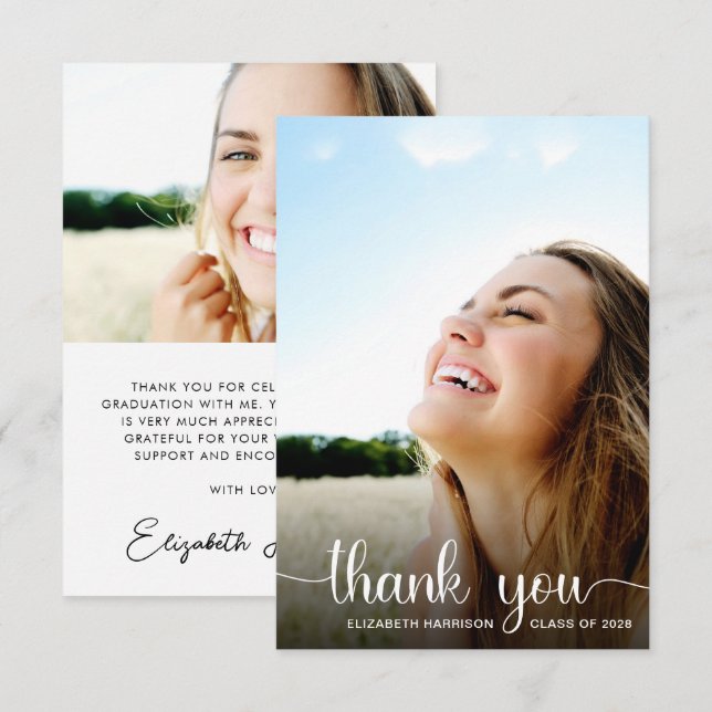 Graduation White Script Photo Overlay Thank You Card (Front/Back)