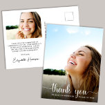 Graduation White Script Photo Overlay Thank You Postcard<br><div class="desc">A modern graduation thank you postcard with the graduate's photo overlayed with "thank you" in a white script with swashes and their name and class year in simple white typography. On the reverse side, add an additional photo, personalize a thank you message and add their name in a signature-like script....</div>