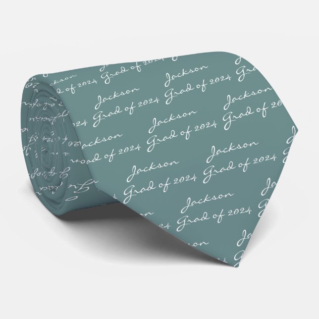 Graduation White Script Sage Green Personalized Neck Tie (Rolled)