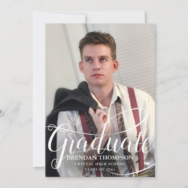 Graduation White Script Typography Photo Gray Announcement (Front)