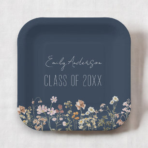 Graduation Wildflower Navy Blue Grad Modern Paper Plates