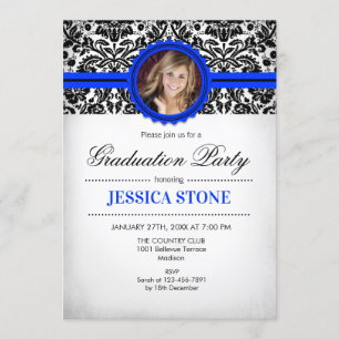 Graduation With Photo - Royal Blue Black White Invitation
