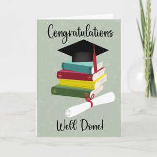 Graduation with Stack of Books Cap and Diploma Card