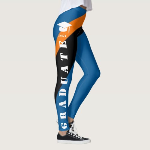 Graduation Womens Orange Black Blue Stripes Leggings