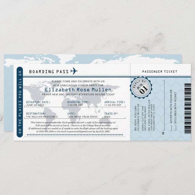 Graduation World Traveler Boarding Pass Invitation (Front/Back)