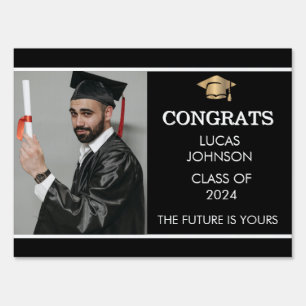 Graduation Yard Sign Black Congrats Single Photo