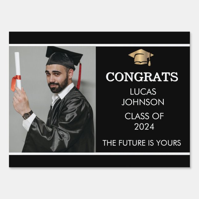 Graduation Yard Sign Black Congrats Single Photo (Front)
