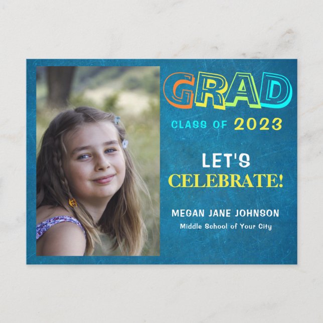 Graduation year colorful middle school grad photo  postcard (Front)