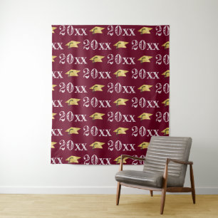 Graduation Year Metallic Gold Cap Pattern Photo Op Tapestry