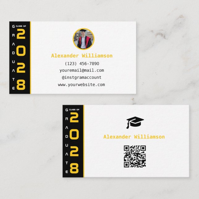 Graduation Yellow Black QR Code Modern Graduation Calling Card (Front/Back)