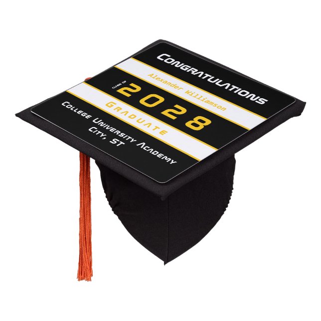 Graduation Yellow Black White Modern  Cap Topper (Angled)