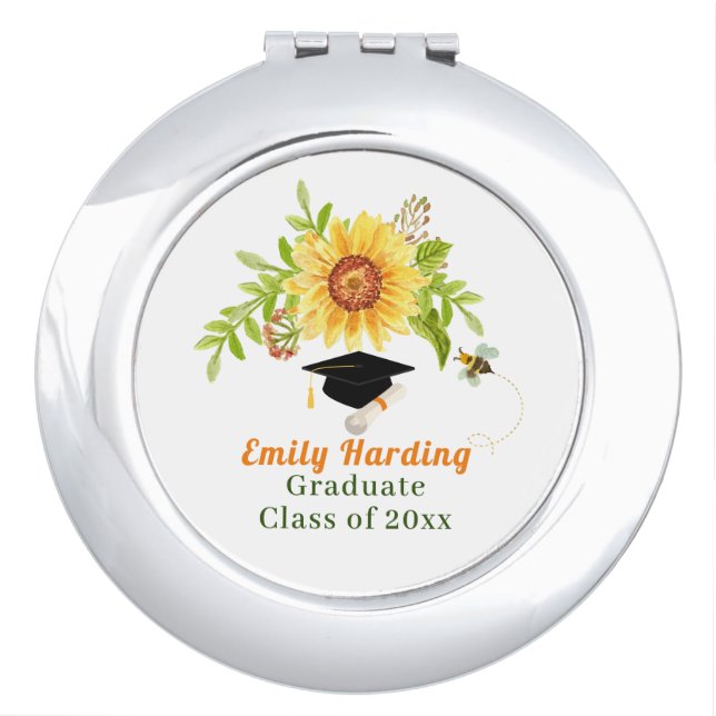 Graduation Yellow Floral Sunflower  Compact Mirror (Front)
