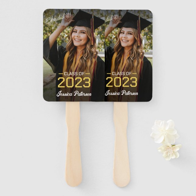 Graduation Yellow Script Grad Photo Modern Party Hand Fan (Front and Back)