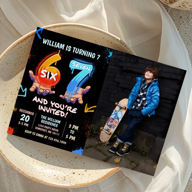 Graffiti 6 7 Meme Trend Six Seven Birthday Photo Invitation (Creator Uploaded)
