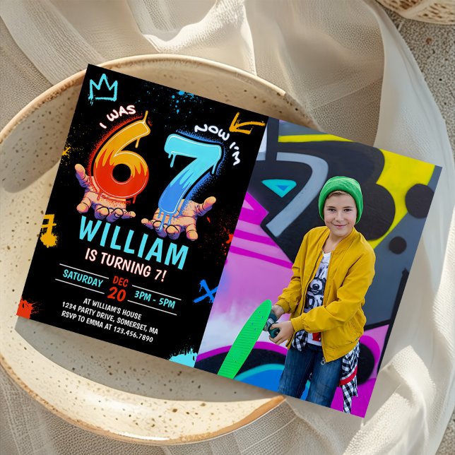 Graffiti 6 7 Meme Trend Six Seven Birthday Photo Invitation (Creator Uploaded)