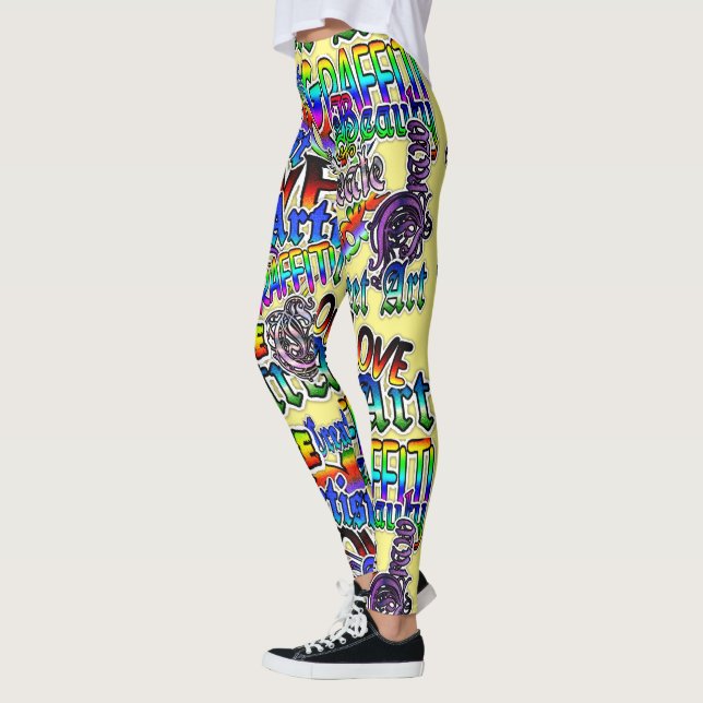 Graffiti Art Leggings, Yellow Colorful Leggings (Left)