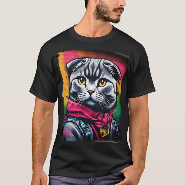 Graffiti Art of a Scottish Fold Cat T-Shirt (Front)