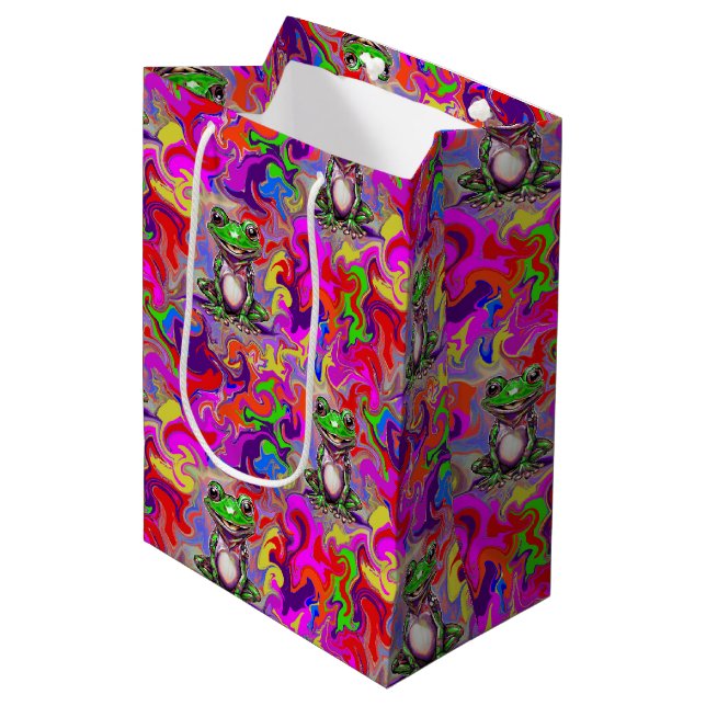 Graffiti Art Psychedelic Frogs Colorful Eclectic Medium Gift Bag (Front Angled)