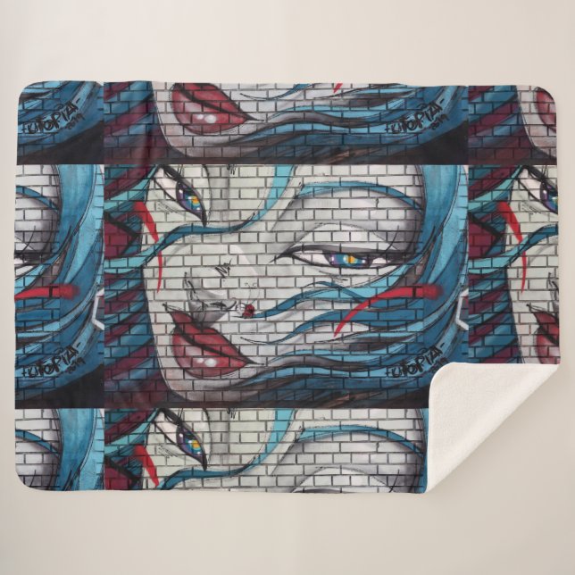 Graffiti Asian Girl Sherpa Blanket (Front (Horizontal))