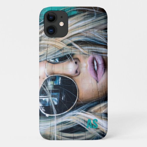 Graffiti Blond Girl with Round Sunglasses Monogram iPhone 11 Case