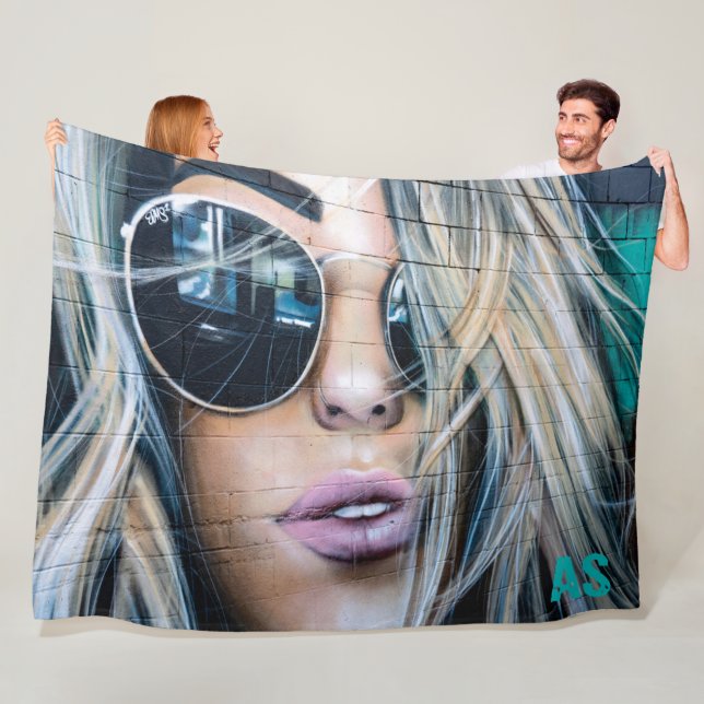 Graffiti Blond Girl with Round Sunglasses Monogram Fleece Blanket (In Situ)