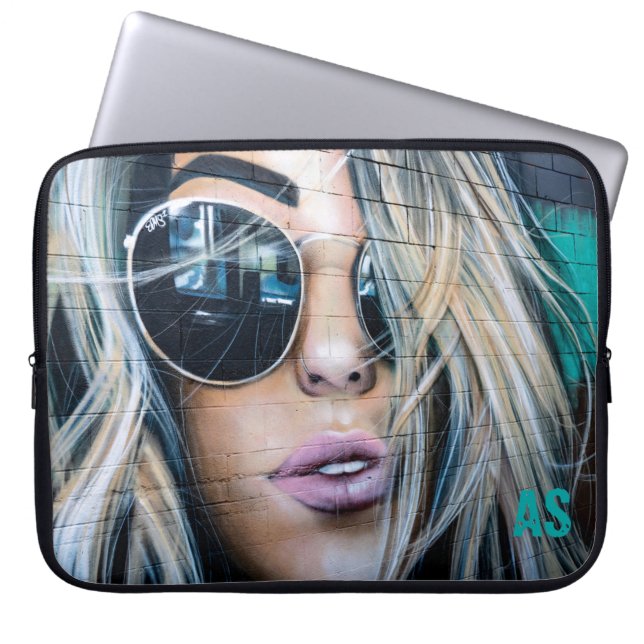 Graffiti Blond Girl with Round Sunglasses Monogram Laptop Sleeve (Front)