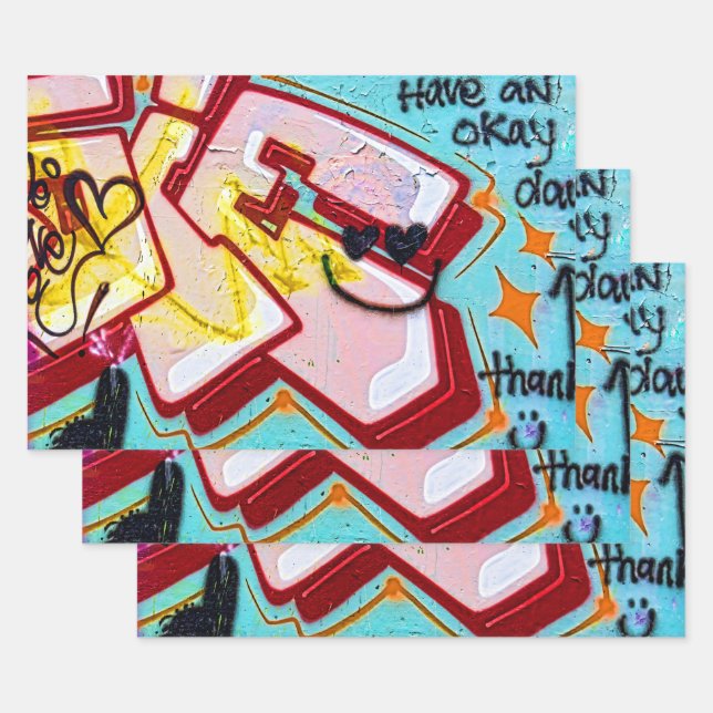 Graffiti Blue Pink Urban Street Wall Art Wrapping Paper Sheets (Set)