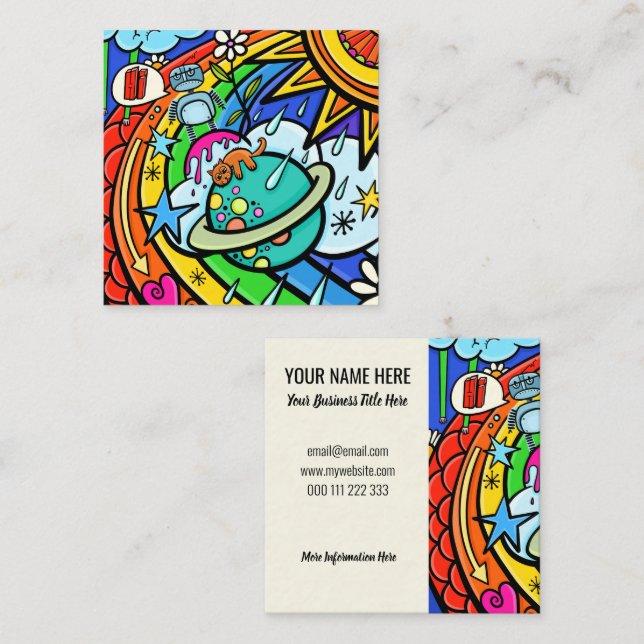 Graffiti Cartoon Rainbow Weather Planet Doodle Square Business Card (Front/Back)