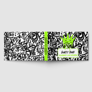 Graffiti Crown Black Green Birthday Guest Book
