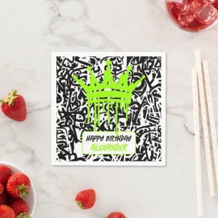 Graffiti Crown Black Green Happy Birthday Napkins