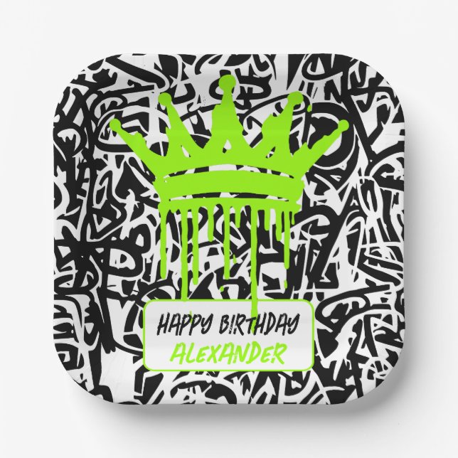 Graffiti Crown Black Green Happy Birthday Paper Plates (Front)