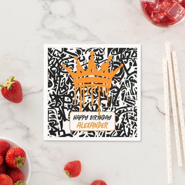 Graffiti Crown Black Orange Happy Birthday Napkins (Insitu)